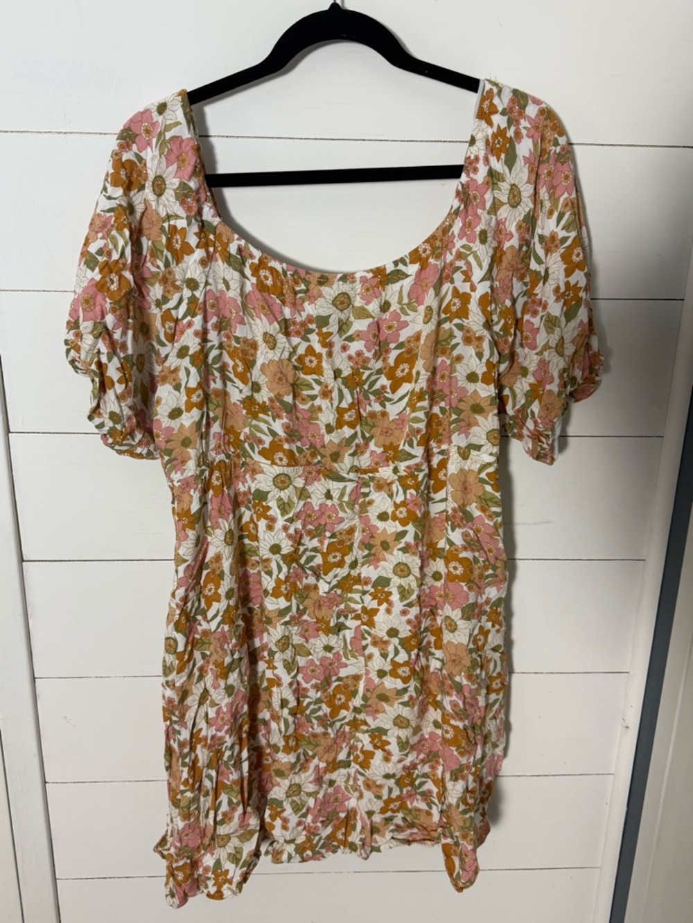 ARULA Size B Pink & Mustard Floral Tie-Neck Puff Sleeve Dress Keyhole Cutout - Picture 4 of 5